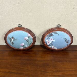 Set of 2 - Vintage Mid Century Hummingbird & Floral Wall Decoration